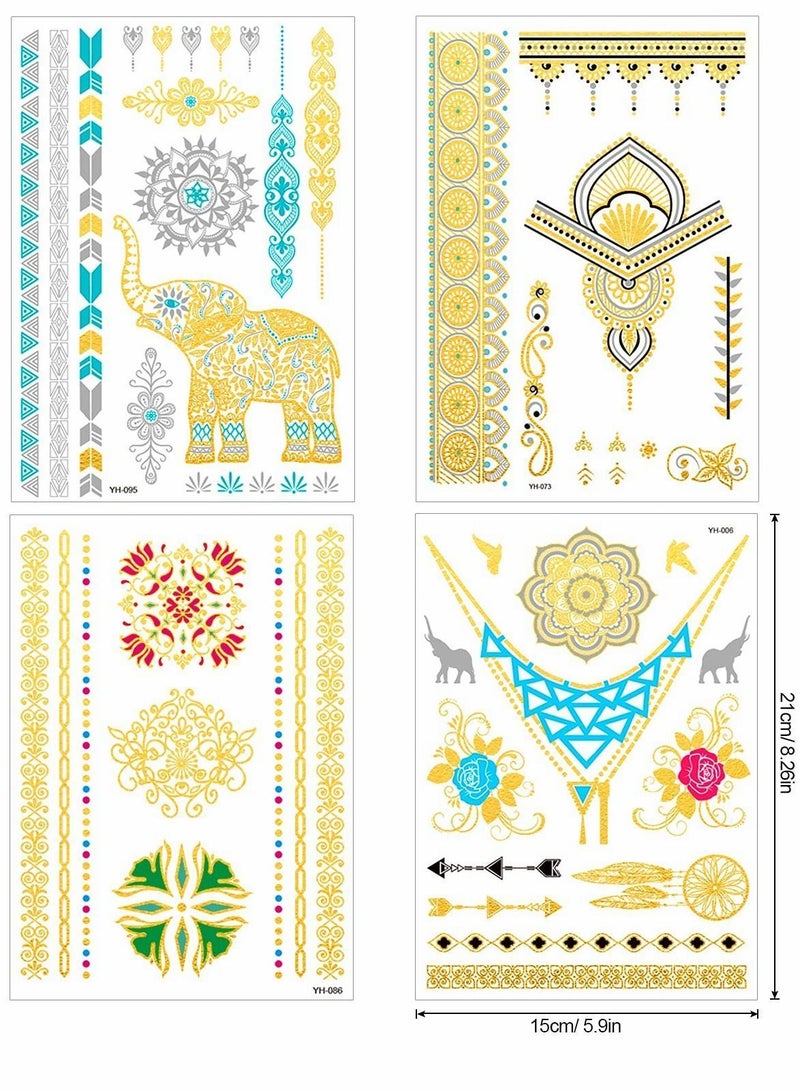 واي آند دي 12 ورقة من الأوشام المؤقتة المعدنية للفتيات والنساء ، وشم مزيف بتصميم لامع وذهبي وفضي ومجوهرات على شكل فراشة الطوطم القبلية فيل وريش مضاد للماء وتزيين للوجه والذراع - Image 2