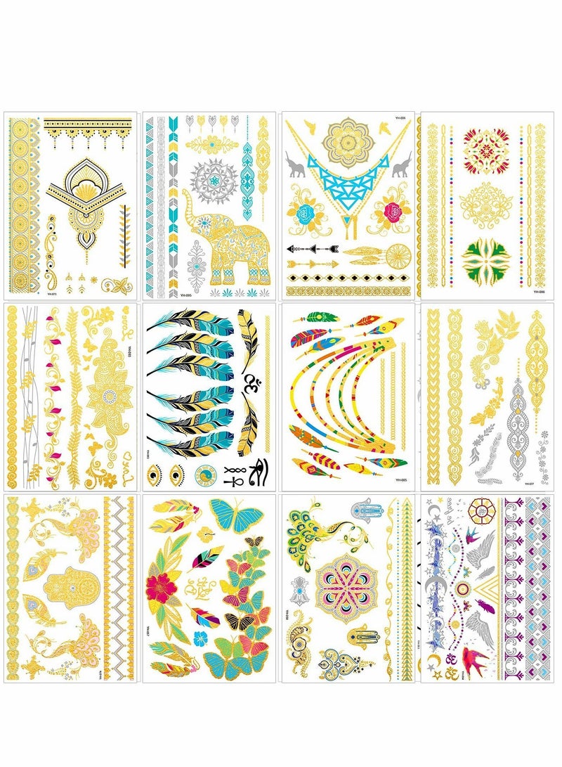 واي آند دي 12 ورقة من الأوشام المؤقتة المعدنية للفتيات والنساء ، وشم مزيف بتصميم لامع وذهبي وفضي ومجوهرات على شكل فراشة الطوطم القبلية فيل وريش مضاد للماء وتزيين للوجه والذراع - Image 1