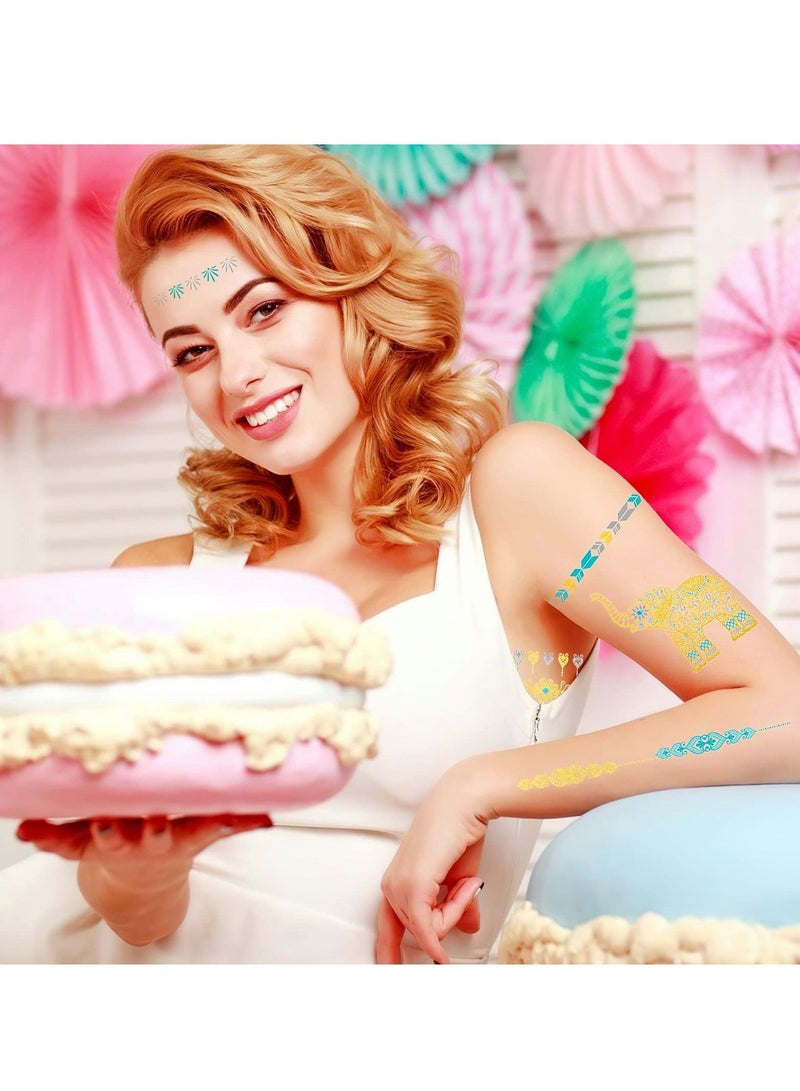 واي آند دي 12 ورقة من الأوشام المؤقتة المعدنية للفتيات والنساء ، وشم مزيف بتصميم لامع وذهبي وفضي ومجوهرات على شكل فراشة الطوطم القبلية فيل وريش مضاد للماء وتزيين للوجه والذراع - Image 5