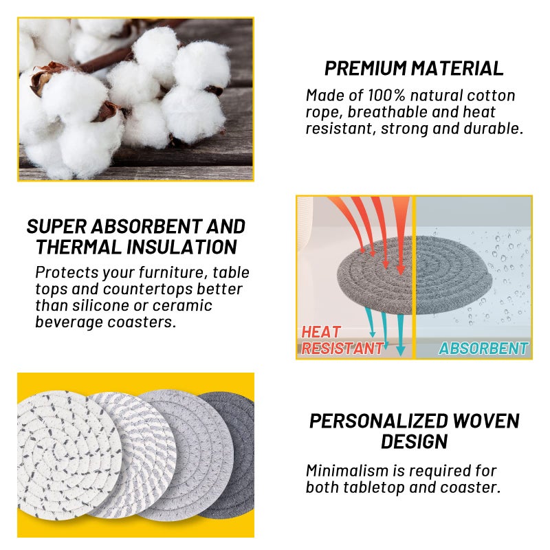 Mckanti 8 Pcs Drink Coasters with Holder, 4 Colors Absorbent Coasters, Minimalist Cotton Woven Coaster Set for Living Room Decor, Tabletop Protection Suitable for Kinds of Cups, 4.3 Inches - Image 3