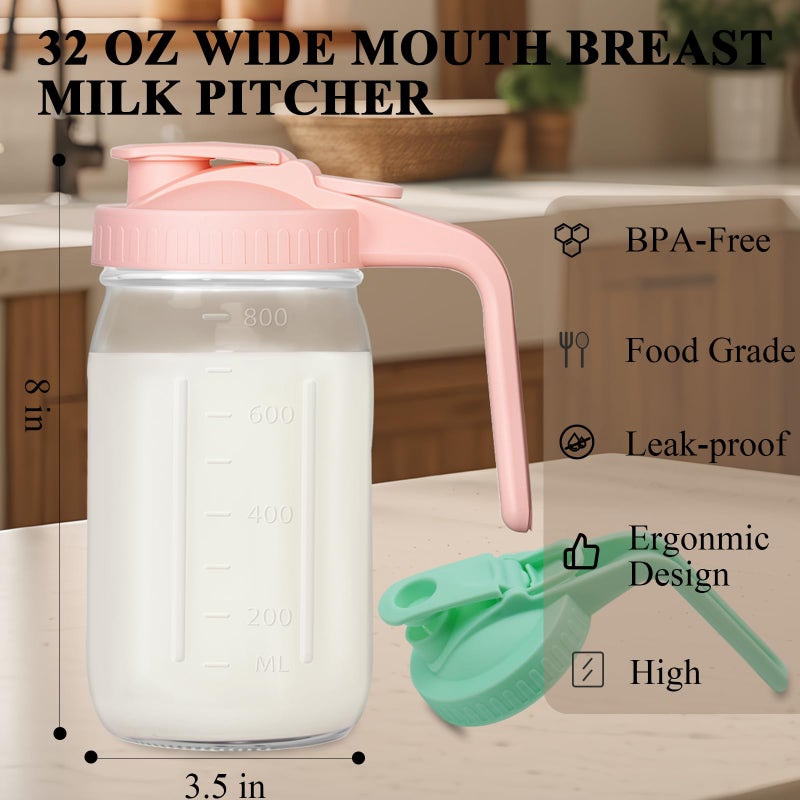 Mihlapi Mason Jar Pitcher, 32 oz Glass Milk Pitcher, Wide Mouth & Leakproof Glass Pitcher with Lid for milk, Sun Tea, Juice, Cold Brew Coffee and Drinks - Image 5