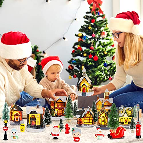 Woanger 29 Pieces Christmas Village Set LED Lighted Houses for Christmas Village Xmas Scene Figurines Decoration Crafted Poly Resin Collectables for Holiday Party Decor - Image 4
