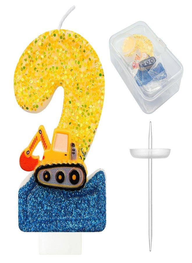 JonesLi Construction Birthday Candle -Digger Birthday Candles Numbers，Number 2 Birthday Candles，Yellow & Blue Construction Party Decorations,Excavator Birthday Decorations for Kid's Party Celebration - Image 1
