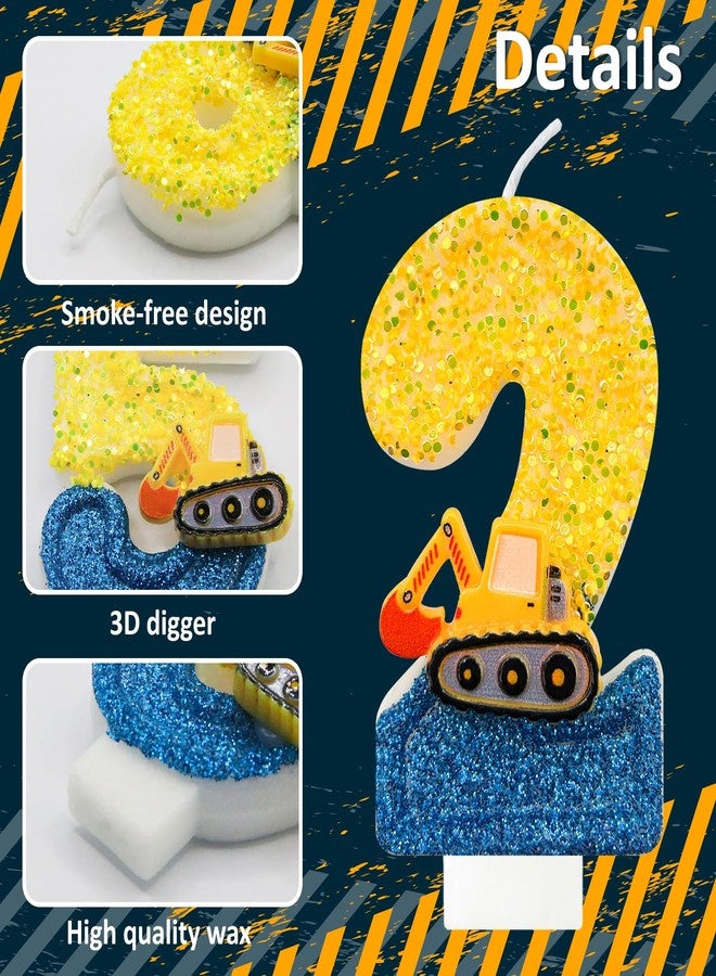 JonesLi Construction Birthday Candle -Digger Birthday Candles Numbers，Number 2 Birthday Candles，Yellow & Blue Construction Party Decorations,Excavator Birthday Decorations for Kid's Party Celebration - Image 3