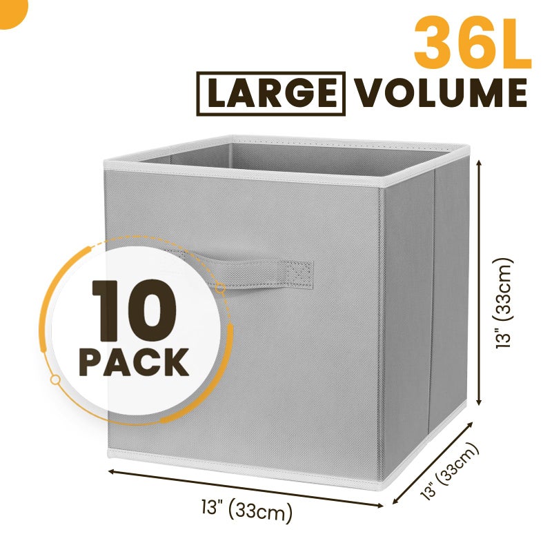 Criusia Large Storage Cubes, 13x13 Cube Storage Bins (Set of 10), Fabric Collapsible Storage Bins with Dual Handles, Foldable Cube Baskets for Shelf, Closet Organizers and Storage Box (Grey) - Image 2
