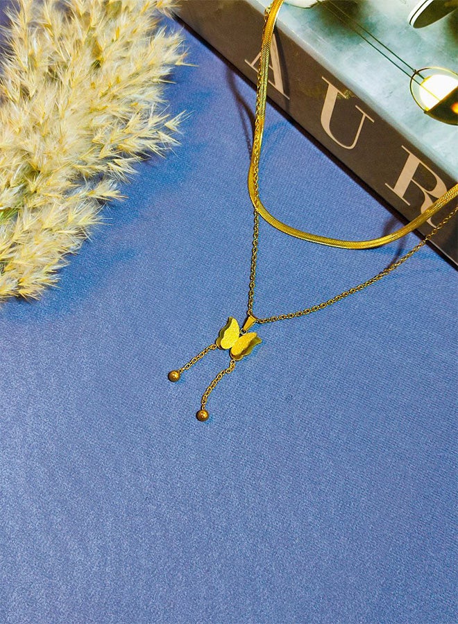 A Chain Made Of Pure Stainless Steel, 2 Tiers, A Snake - Shaped Pendant With A Butterfly Charm - A Luxury Women's Accessory Made Of Pure Stainless Steel That is Resistant to Rust And Discoloration - Women's Accessories - Stainless Steel Accessories - Women's Stainless Steel Accessories - Jewelry - Accessories. - Image 3