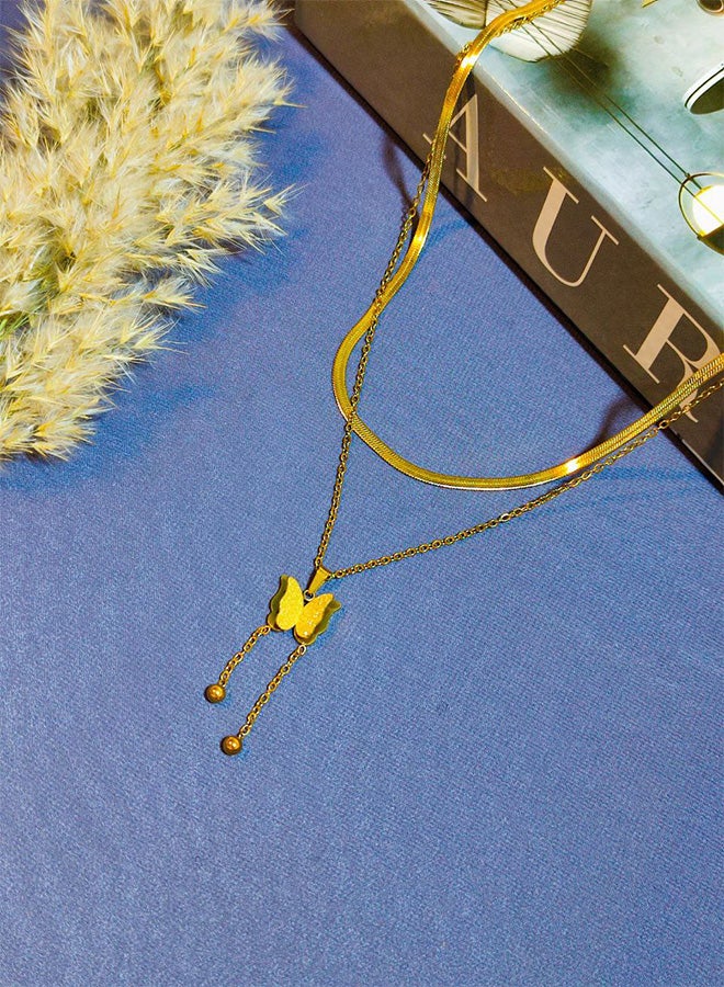A Chain Made Of Pure Stainless Steel, 2 Tiers, A Snake - Shaped Pendant With A Butterfly Charm - A Luxury Women's Accessory Made Of Pure Stainless Steel That is Resistant to Rust And Discoloration - Women's Accessories - Stainless Steel Accessories - Women's Stainless Steel Accessories - Jewelry - Accessories. - Image 2