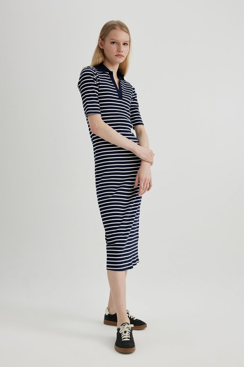 DeFacto Woman Bodycon Polo Neck Striped Ribbed Camisole Midi Dress - Image 1