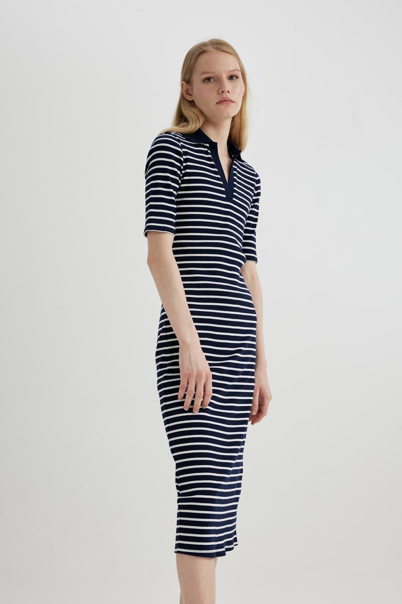 DeFacto Woman Bodycon Polo Neck Striped Ribbed Camisole Midi Dress - Image 2