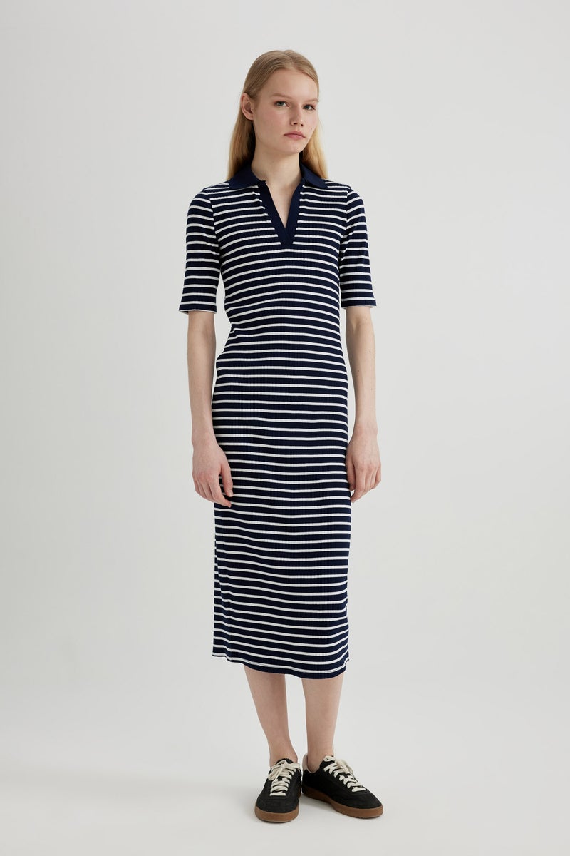 DeFacto Woman Bodycon Polo Neck Striped Ribbed Camisole Midi Dress - Image 4
