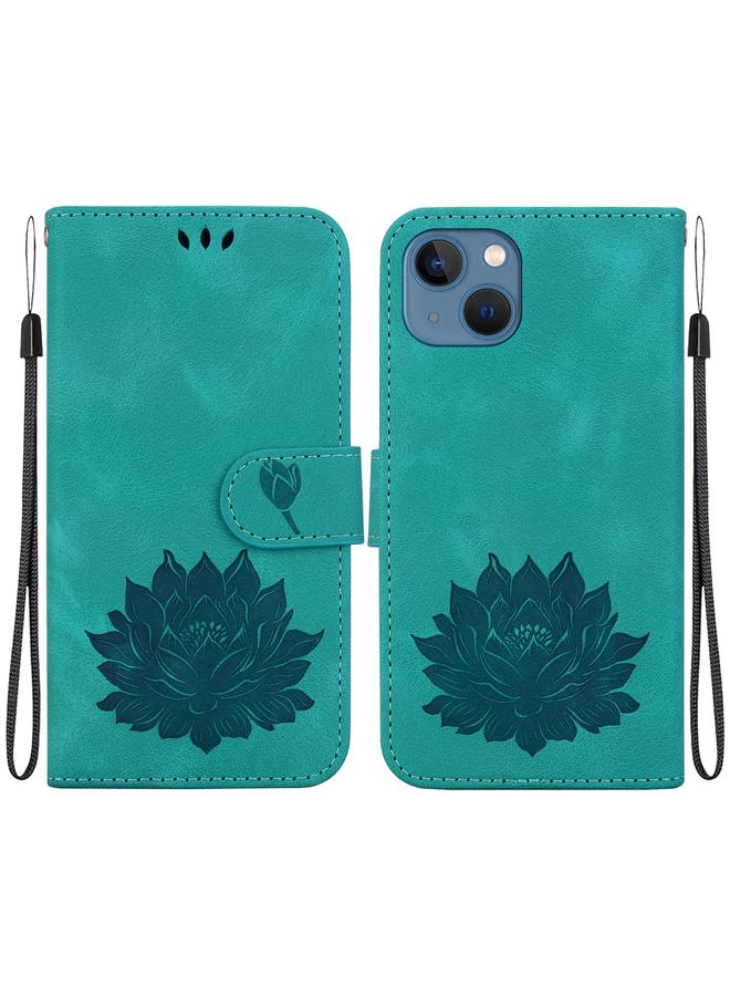 Zaboon For iPhone 13 Lotus Embossed Leather Phone Case(Green) 