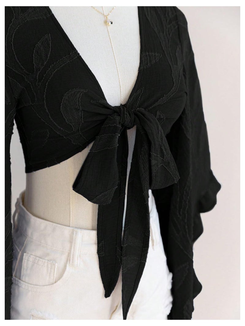 BEAUDRM Women's Boho Tops Wrap Western Country Concert 70s Outfits Tie Front Long Bell Sleeve Tops Hippie Disco Clothes Black Medium - Image 5