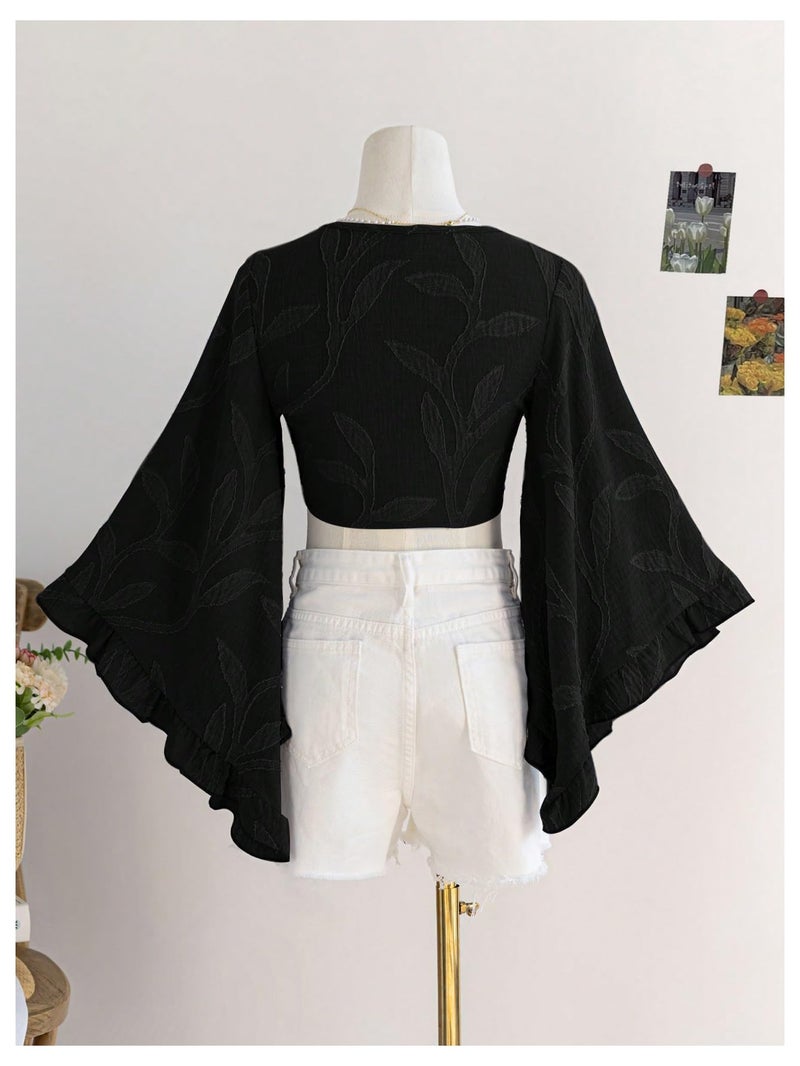 BEAUDRM Women's Boho Tops Wrap Western Country Concert 70s Outfits Tie Front Long Bell Sleeve Tops Hippie Disco Clothes Black Medium - Image 3