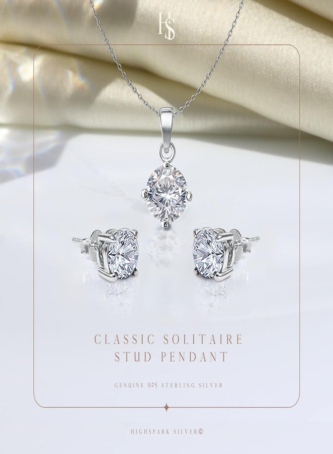 HighSpark 925 Silver Solitaire Earrings Pendant Necklace Set | 92.5 Sterling Silver & Diamond like Brilliance Sparkling Zirconia | Lovely Gift for Women & Girls - Silver Set 8mm - Image 3