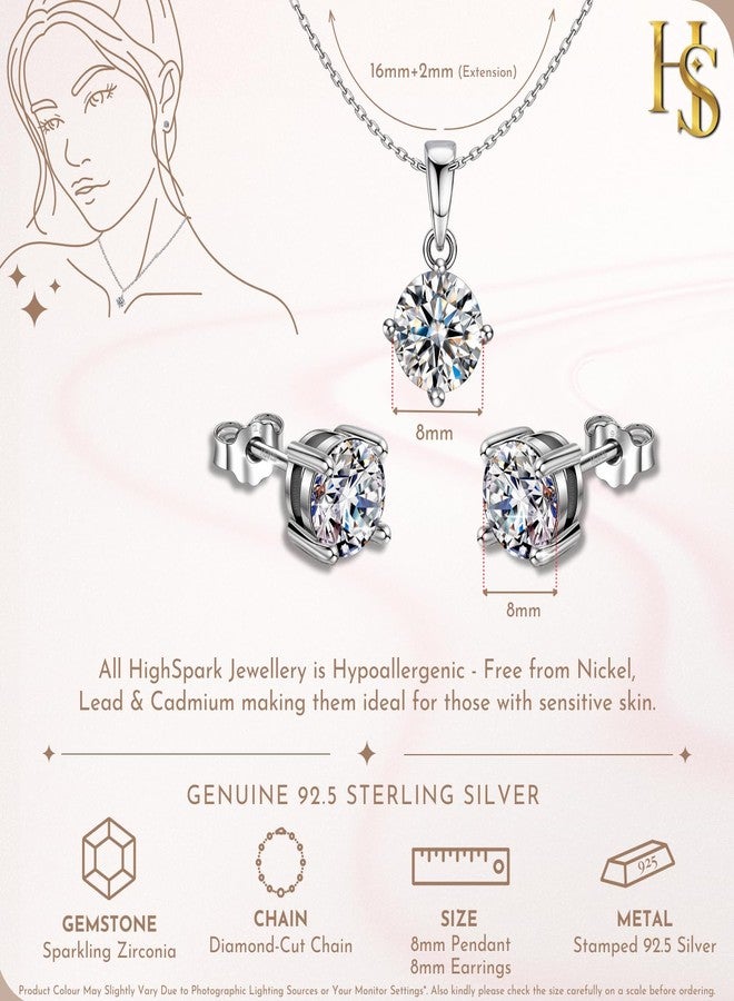 HighSpark 925 Silver Solitaire Earrings Pendant Necklace Set | 92.5 Sterling Silver & Diamond like Brilliance Sparkling Zirconia | Lovely Gift for Women & Girls - Silver Set 8mm - Image 2
