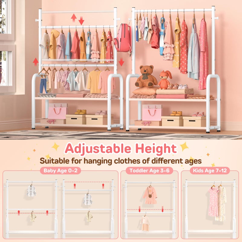 ZHKINGGS Kids Clothing Rack with 2-Layer Storage Shelf and 2 Adjustable Hanging Rods, Dress Up Rack for Hanging Clothes,Dress up Storage for Baby Toddle Kids(Classic, White) - Image 3