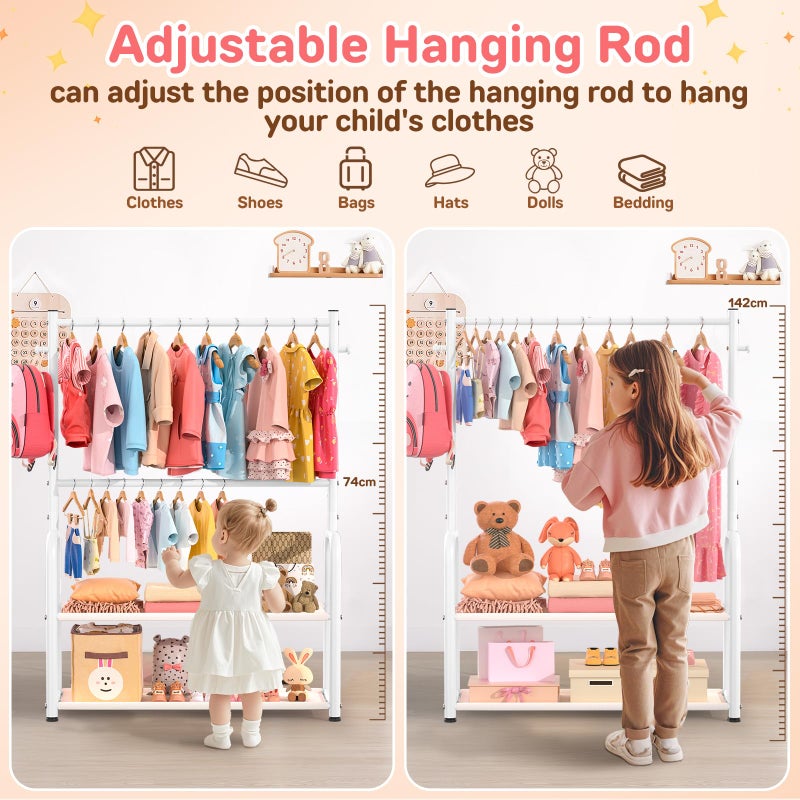 ZHKINGGS Kids Clothing Rack with 2-Layer Storage Shelf and 2 Adjustable Hanging Rods, Dress Up Rack for Hanging Clothes,Dress up Storage for Baby Toddle Kids(Classic, White) - Image 4