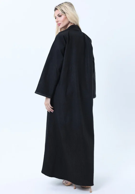 أم سكوير فاشن Black Denim Abaya with Pockets & Sheila - Tailored Collar Design