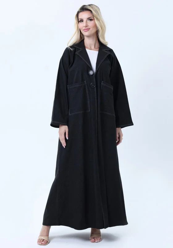 MSquare Fashion Black Denim Abaya with Pockets & Sheila - Tailored Collar Design