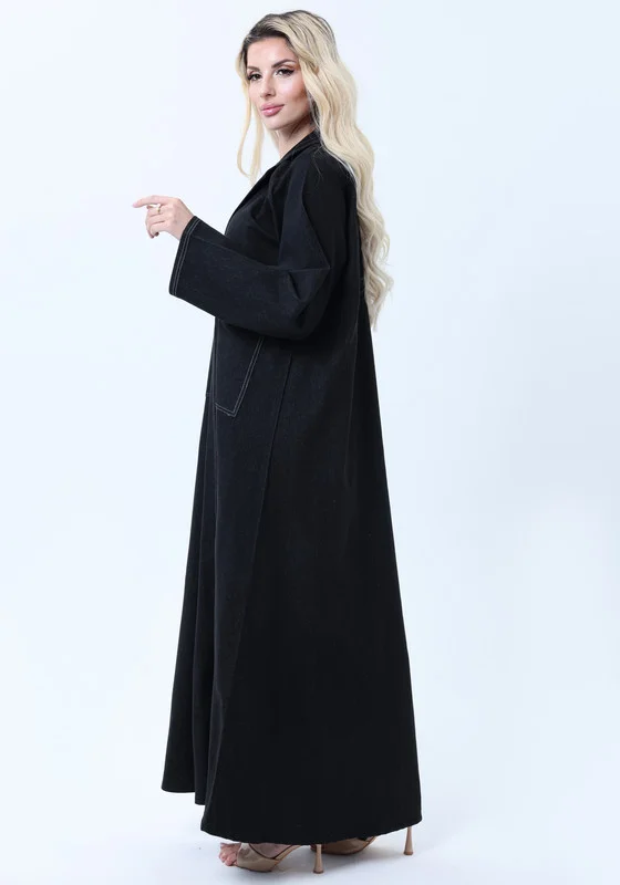 أم سكوير فاشن Black Denim Abaya with Pockets & Sheila - Tailored Collar Design