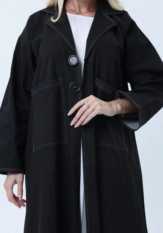 أم سكوير فاشن Black Denim Abaya with Pockets & Sheila - Tailored Collar Design
