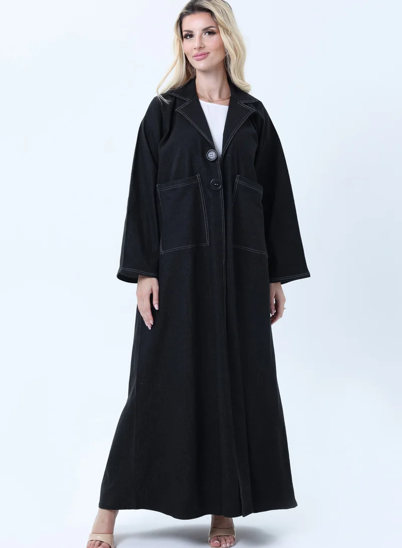 MSquare Fashion Black Denim Abaya with Pockets & Sheila - Tailored Collar Design