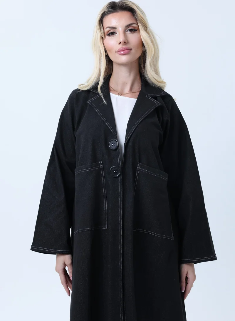 MSquare Fashion Black Denim Abaya with Pockets & Sheila - Tailored Collar Design