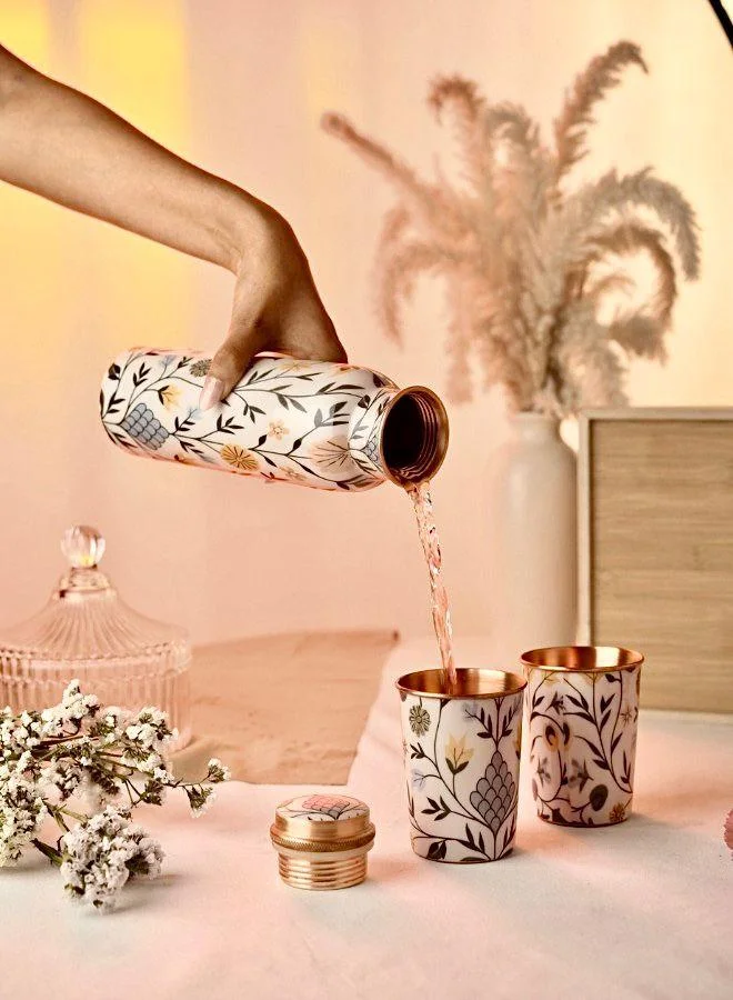 Casa Quesera Elevate your hydration experience with this beautifully handmade copper bottle and glasses set, crafted for both style and wellness. Known for its natural antibacterial properties and ability to keep water fresh and cool, copper drinkware is perfect for daily use or special occasions. This elegant set features a durable, polished copper bottle paired with matching glasses, making it ideal for serving guests or gifting at weddings and housewarmings. Combining traditional craftsmanship with modern design, it’s a must-have for those who appreciate health benefits and timeless elegance in their kitchen or dining space.