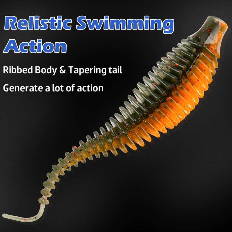 Bombrooster 20PCS Soft Plastic Worms 4.75â€, Ribbed Curly Tail Swimbait Fishing Lures for Bass, Finesse Soft Baits for Freshwater Bass Fishing - Image 4