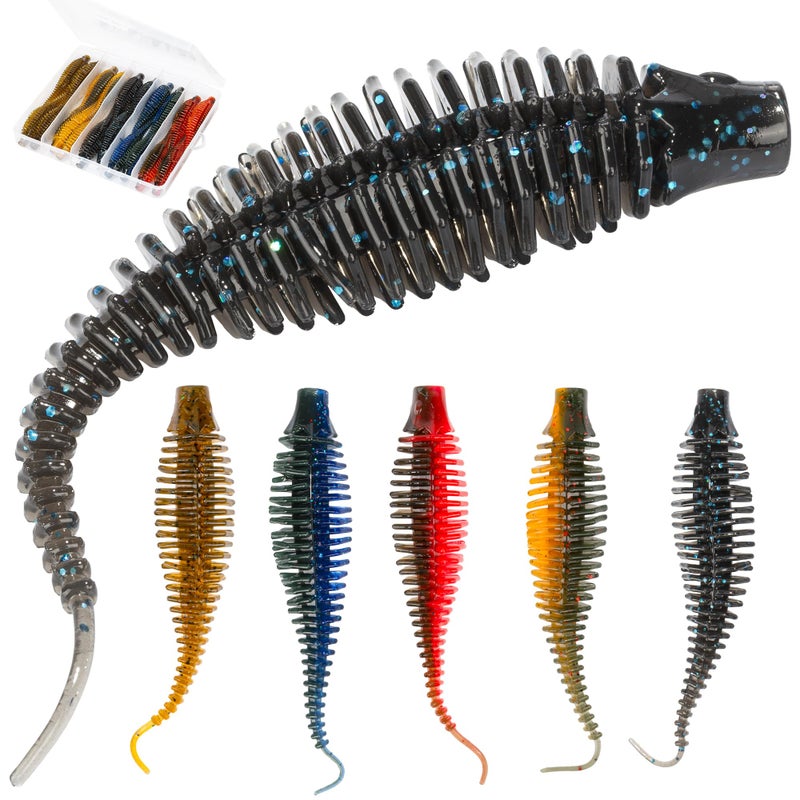 Bombrooster 20PCS Soft Plastic Worms 4.75â€, Ribbed Curly Tail Swimbait Fishing Lures for Bass, Finesse Soft Baits for Freshwater Bass Fishing - Image 1