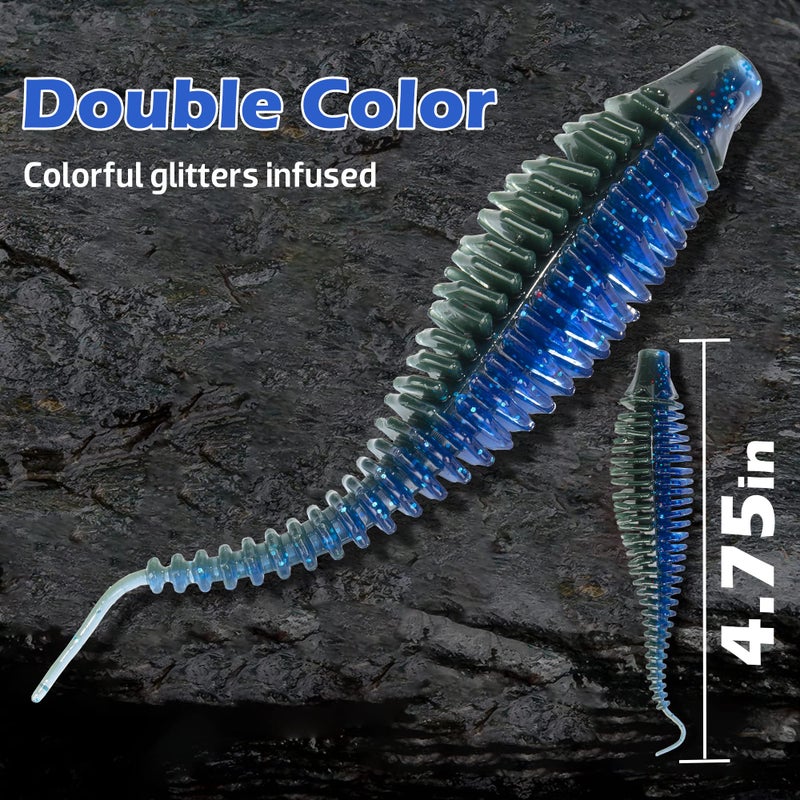 Bombrooster 20PCS Soft Plastic Worms 4.75â€, Ribbed Curly Tail Swimbait Fishing Lures for Bass, Finesse Soft Baits for Freshwater Bass Fishing - Image 5