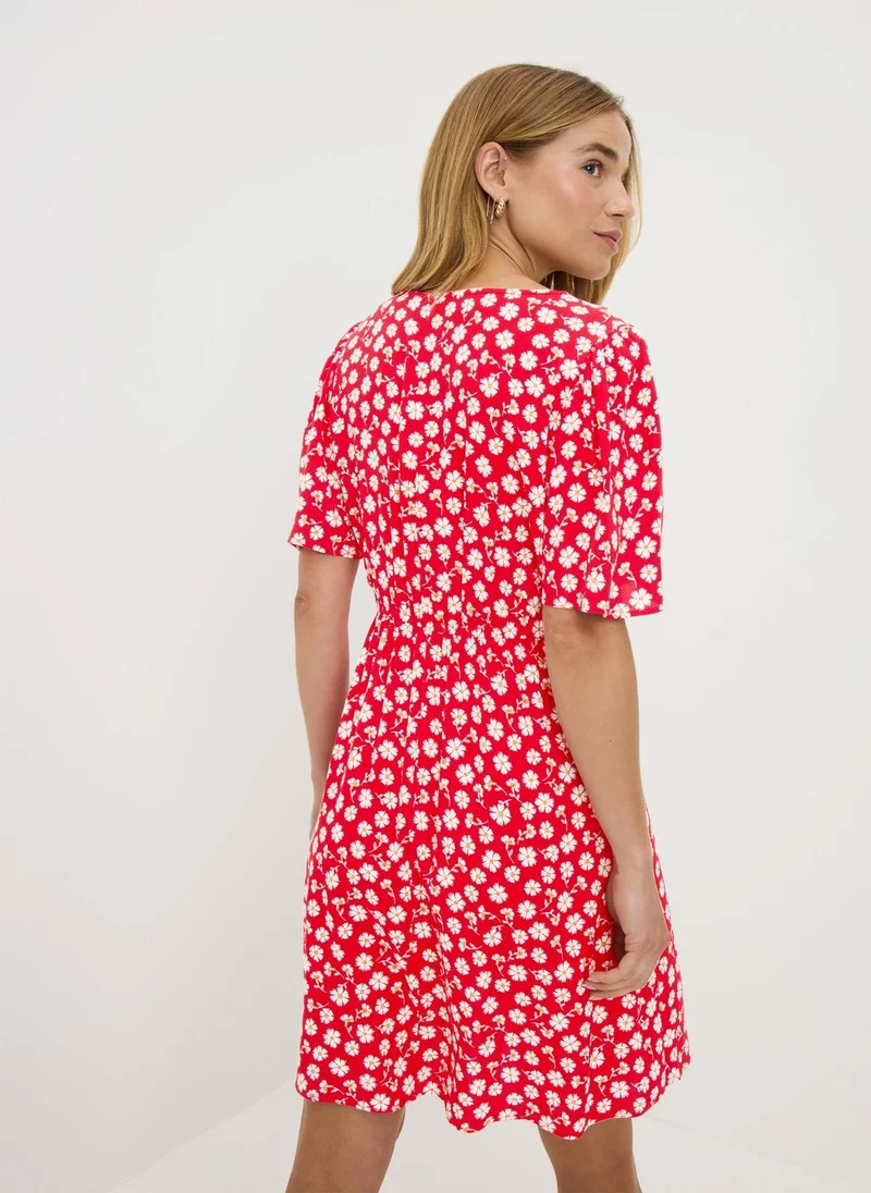 ماتلان Red Ditsy Floral Print Mini Tea Dress