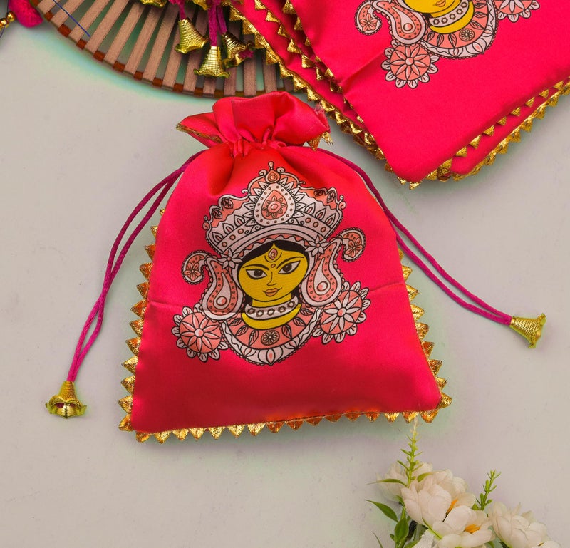 Sanvatsar Traditional Mata Rani Indian Gift Pouches, Pink Satin with Goddess Design, Gold Trim, Set for Kanjak,Navratri Gift (Red, 5) - Image 5
