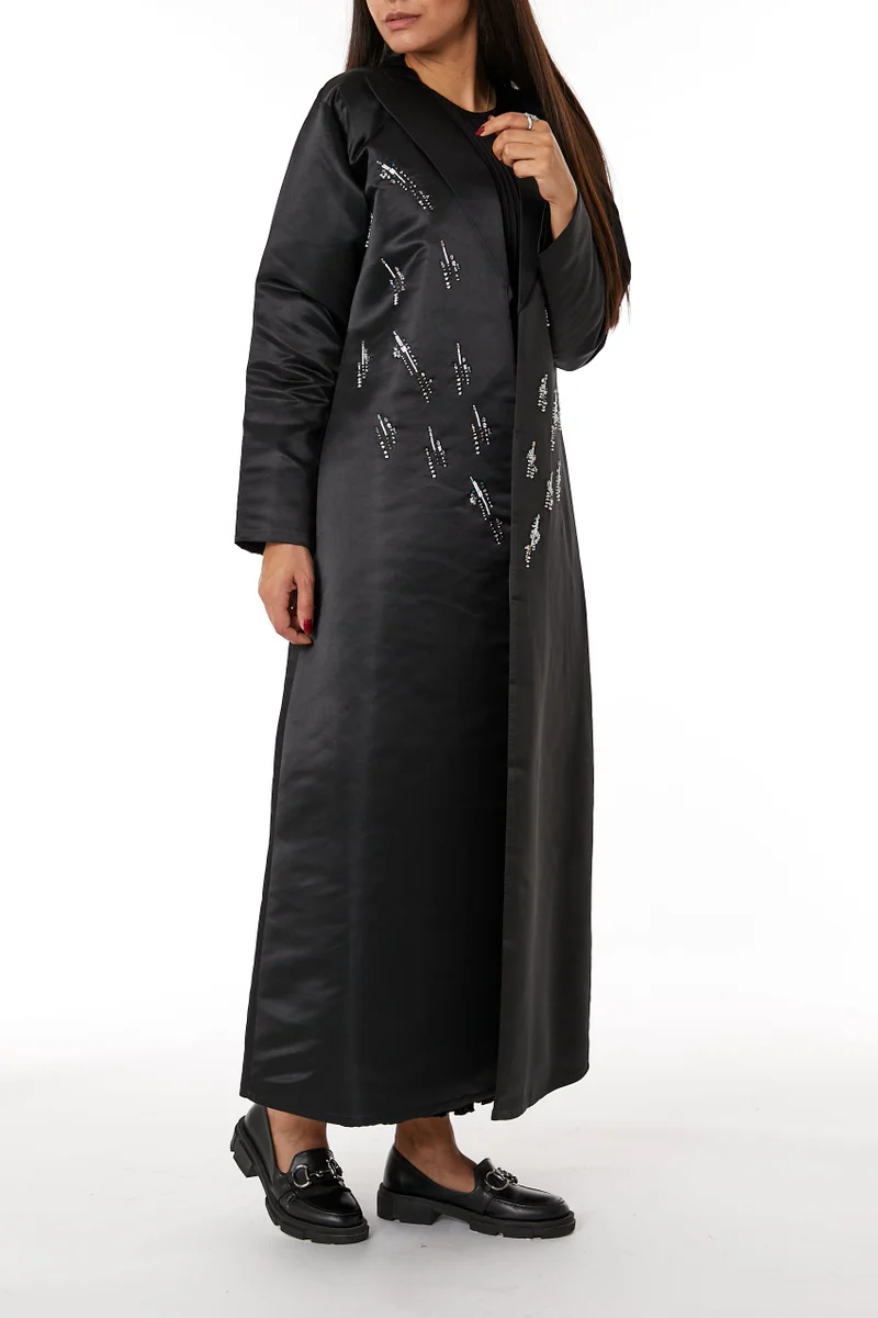 Lapel Collar  Satin Embroidered Abaya