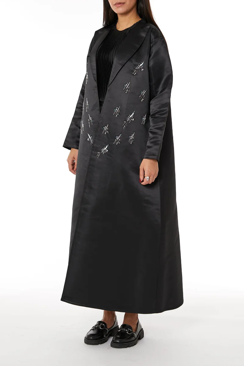 Moistreet  Lapel Collar  Satin Embroidered Abaya for Women | Best Price UAE