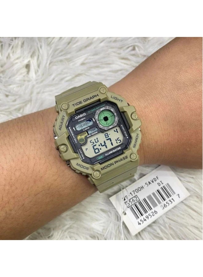 كاسيو ساعة كاسيو WS-1700H-5AVDF رقمية للمد والجزر ومراحل القمر للرجال – مقاومة للماء حتى 100 متر، مخطط للمد، عرض مراحل القمر، إضاءة LED، بطارية لمدة 10 سنوات، بحزام ريزين بني - Image 3