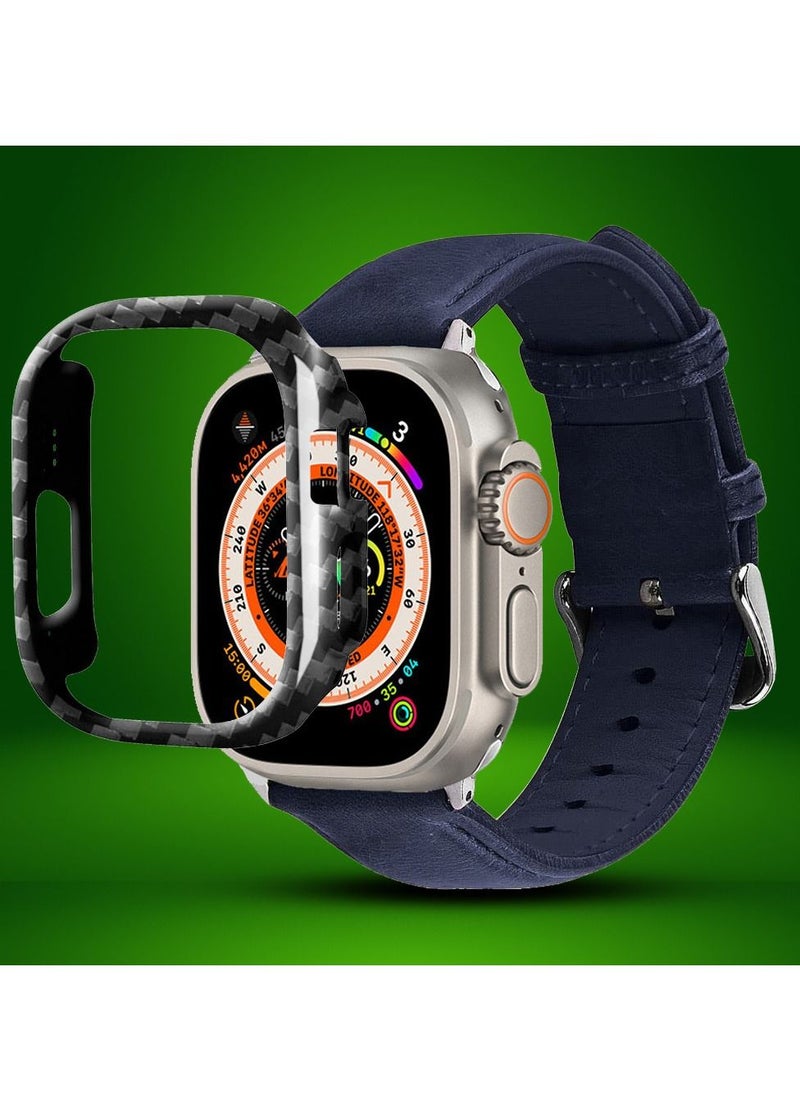 CATANES - 2 Packs For Apple Watch Band 49mm Leather Band Buckle Strap Wristband and Carbon Fiber Cup Holder Dark Blue - Image 1