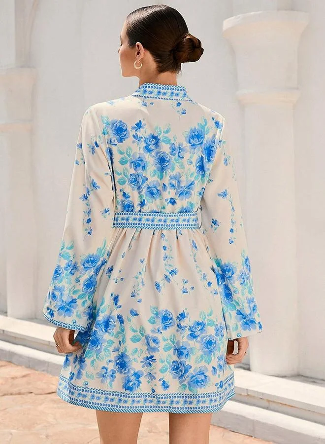 تايك تو Women's Floral Printed Belted Detail Lantern Sleeve Mini Dress