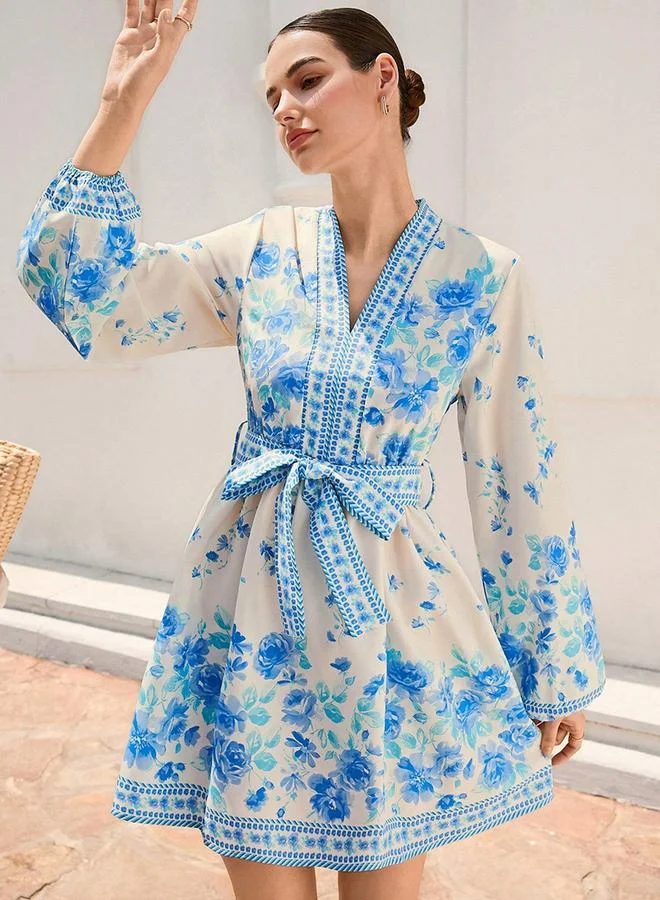 تايك تو Women's Floral Printed Belted Detail Lantern Sleeve Mini Dress