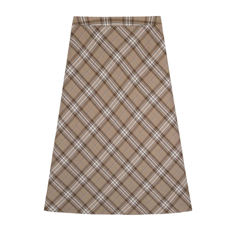 Retro Colorblock Plaid A-Line Midi Skirt Khaki grid 