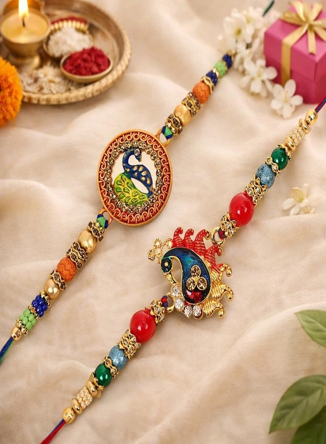 Riddhika Ventures Fabulous Multi Colour Meenakari Peacock and Diamond Ring Rakhi (Set of 2) with Roli Chawal and Greeting Card (K6K7) - Image 2