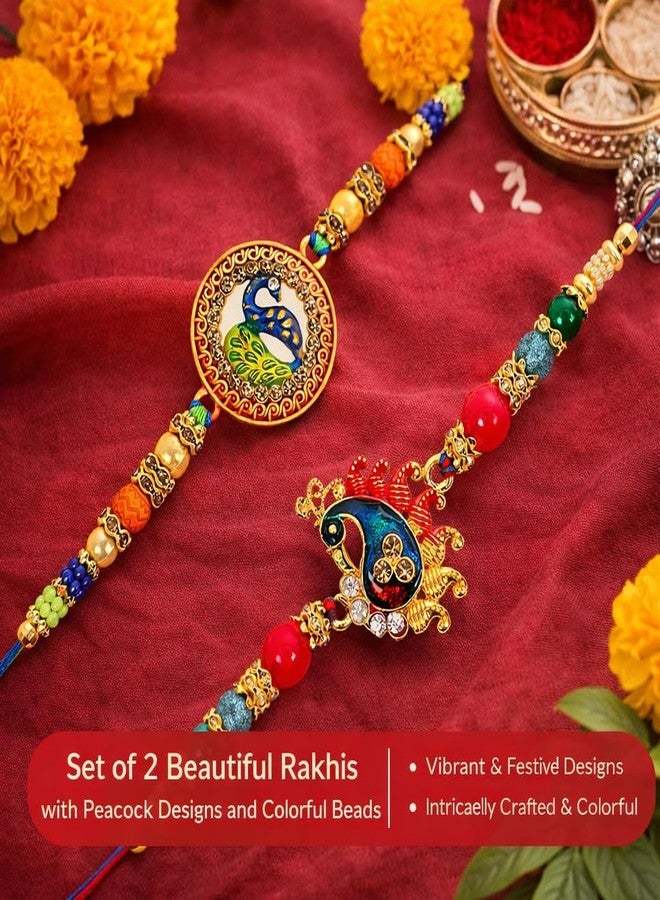 Riddhika Ventures Fabulous Multi Colour Meenakari Peacock and Diamond Ring Rakhi (Set of 2) with Roli Chawal and Greeting Card (K6K7) - Image 4
