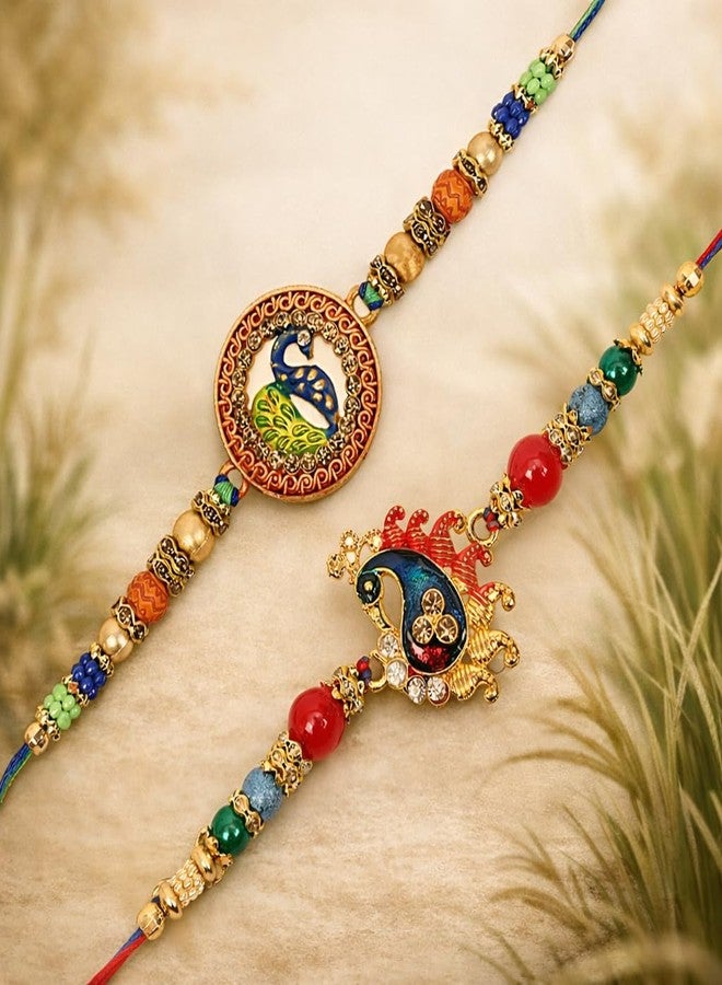 Riddhika Ventures Fabulous Multi Colour Meenakari Peacock and Diamond Ring Rakhi (Set of 2) with Roli Chawal and Greeting Card (K6K7) - Image 3