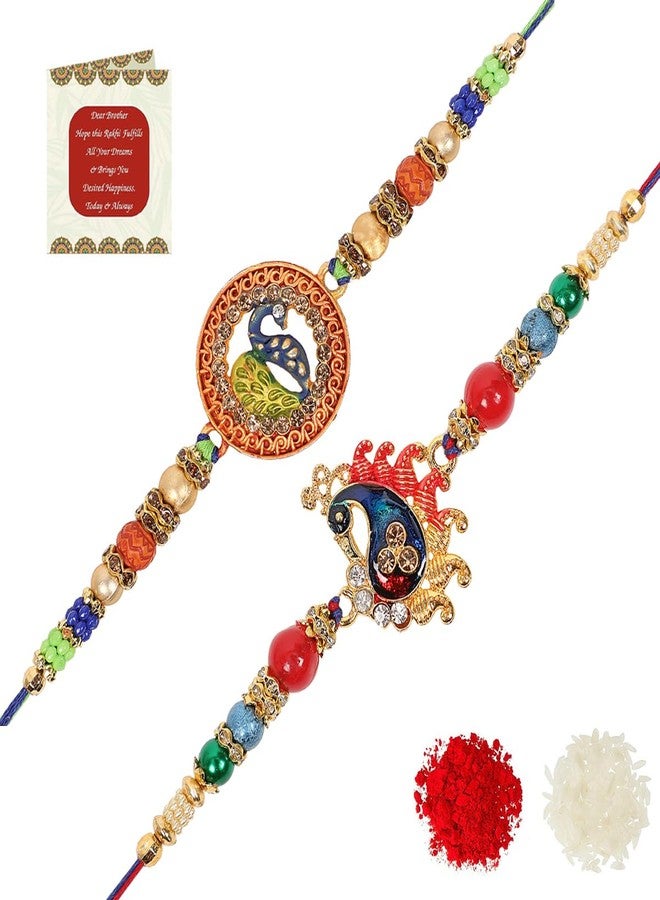 Riddhika Ventures Fabulous Multi Colour Meenakari Peacock and Diamond Ring Rakhi (Set of 2) with Roli Chawal and Greeting Card (K6K7) - Image 1