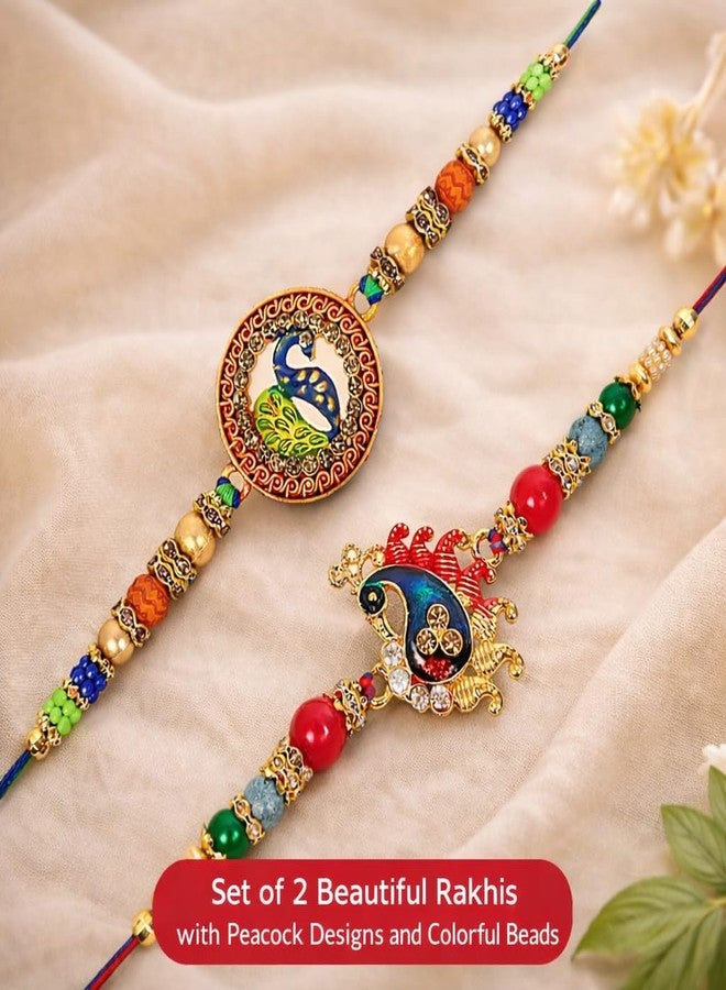 Riddhika Ventures Fabulous Multi Colour Meenakari Peacock and Diamond Ring Rakhi (Set of 2) with Roli Chawal and Greeting Card (K6K7) - Image 5
