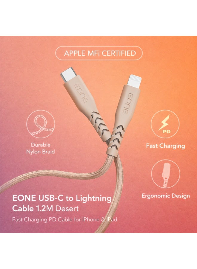 إيون كابل EONE USB-C إلى Lightning بطول 1.2 متر لون صحراوي، كابل شحن سريع PD معتمد MFi من Apple، تصميم نايلون مجدول متين لأجهزة iPhone وiPad - Image 5