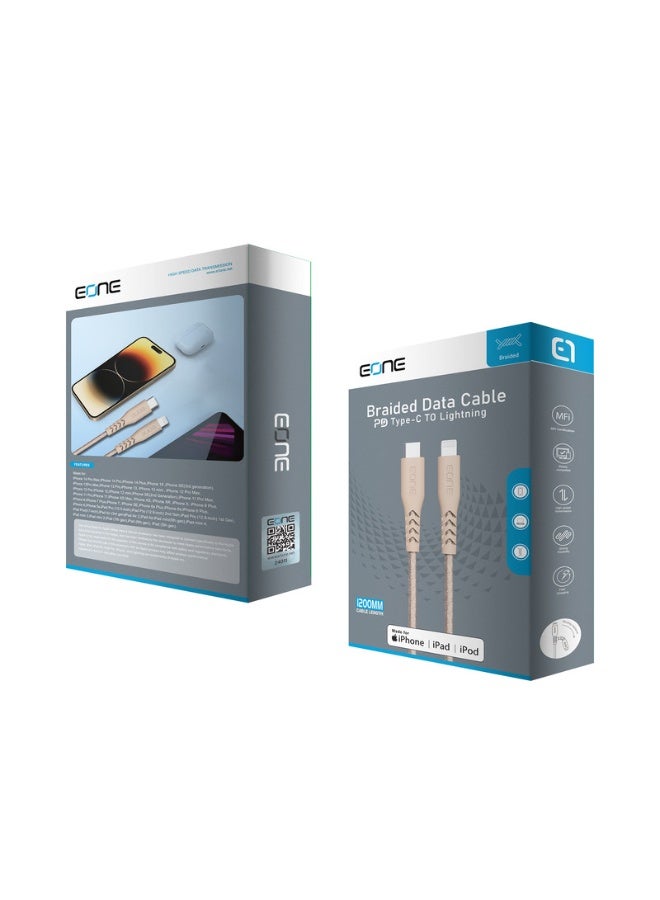 إيون كابل EONE USB-C إلى Lightning بطول 1.2 متر لون صحراوي، كابل شحن سريع PD معتمد MFi من Apple، تصميم نايلون مجدول متين لأجهزة iPhone وiPad - Image 3