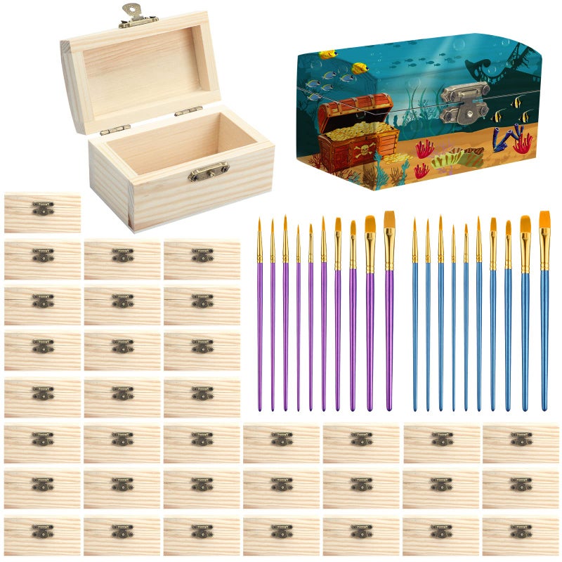 36 Pieces Unfinished Wood Box with 20 Paintbrushes Mini Treasure Chest Box Small Box with Hinged Lid Wooden Storage Box for DIY Project Craft Home Party Jewelry Box 35 x 22 x 18 Inch