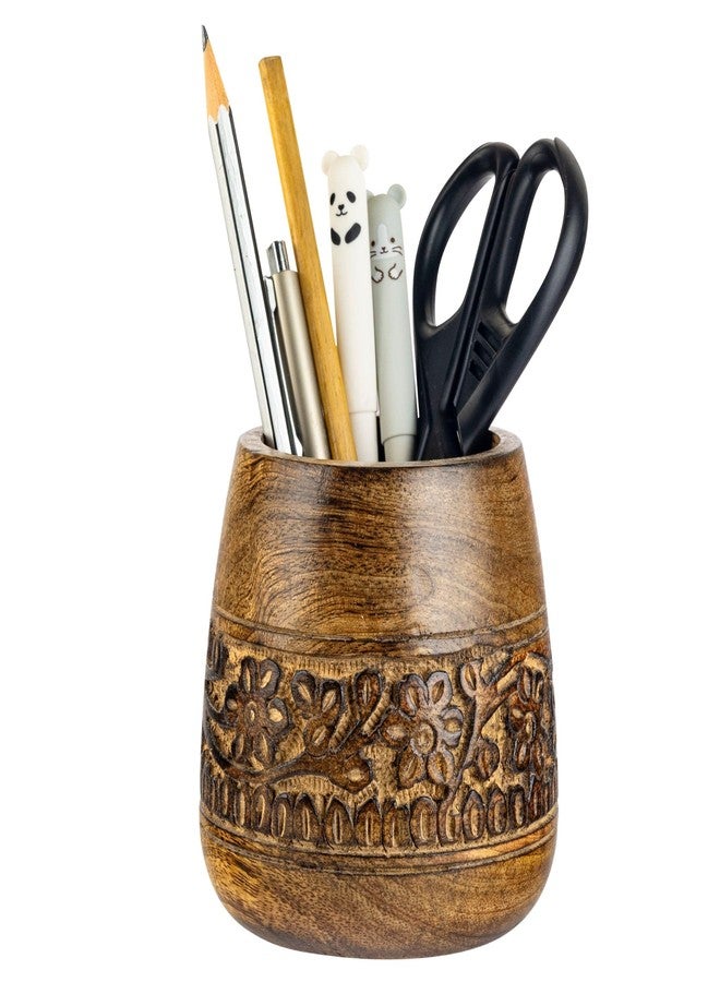 Mie Creations Designer Pencil Holder for Desk Wood | Wooden Pen Stand, Paintbrush Cup, Desk Accessories, Cute Make Up Brush Organizers | Office Desktop Stationery, Christmas Holidays Gift- 4'' Brown - Image 1