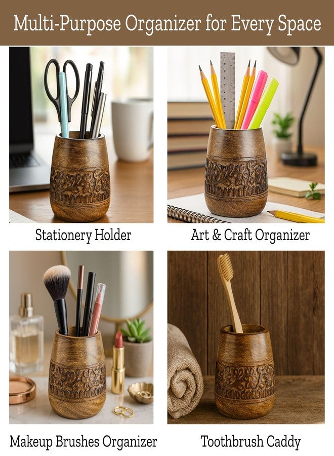 Mie Creations Designer Pencil Holder for Desk Wood | Wooden Pen Stand, Paintbrush Cup, Desk Accessories, Cute Make Up Brush Organizers | Office Desktop Stationery, Christmas Holidays Gift- 4'' Brown - Image 4